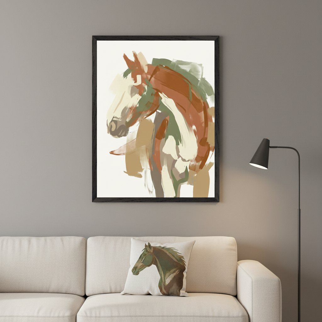 Modern living room with a cream sectional sofa. A large black-framed abstract painting of a horse's head in earthy tones hangs centered above the sofa. A decorative horse pillow rests on the sofa, and a black floor lamp stands to the right.