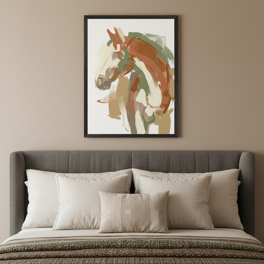 Modern bedroom with a gray upholstered bed. A large framed abstract painting of a horse's head in earthy tones hangs centered above the headboard on a beige wall.
