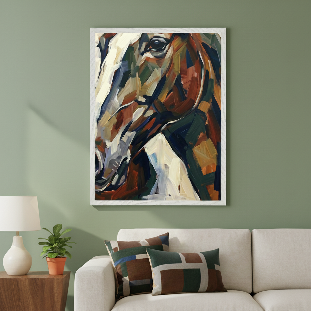 Modern living room with a cream sofa and a wooden side table with a lamp. A large framed abstract painting of a horse's head in warm and cool tones hangs centered above the sofa.