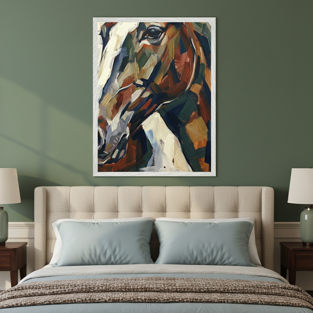 Modern bedroom with an olive green wall. A large white-framed abstract painting of a horse's head in a cubist style hangs above a beige tufted headboard. A bed with light blue pillows and a brown throw blanket, flanked by two dark wood bedside tables with light green lamps, is visible.