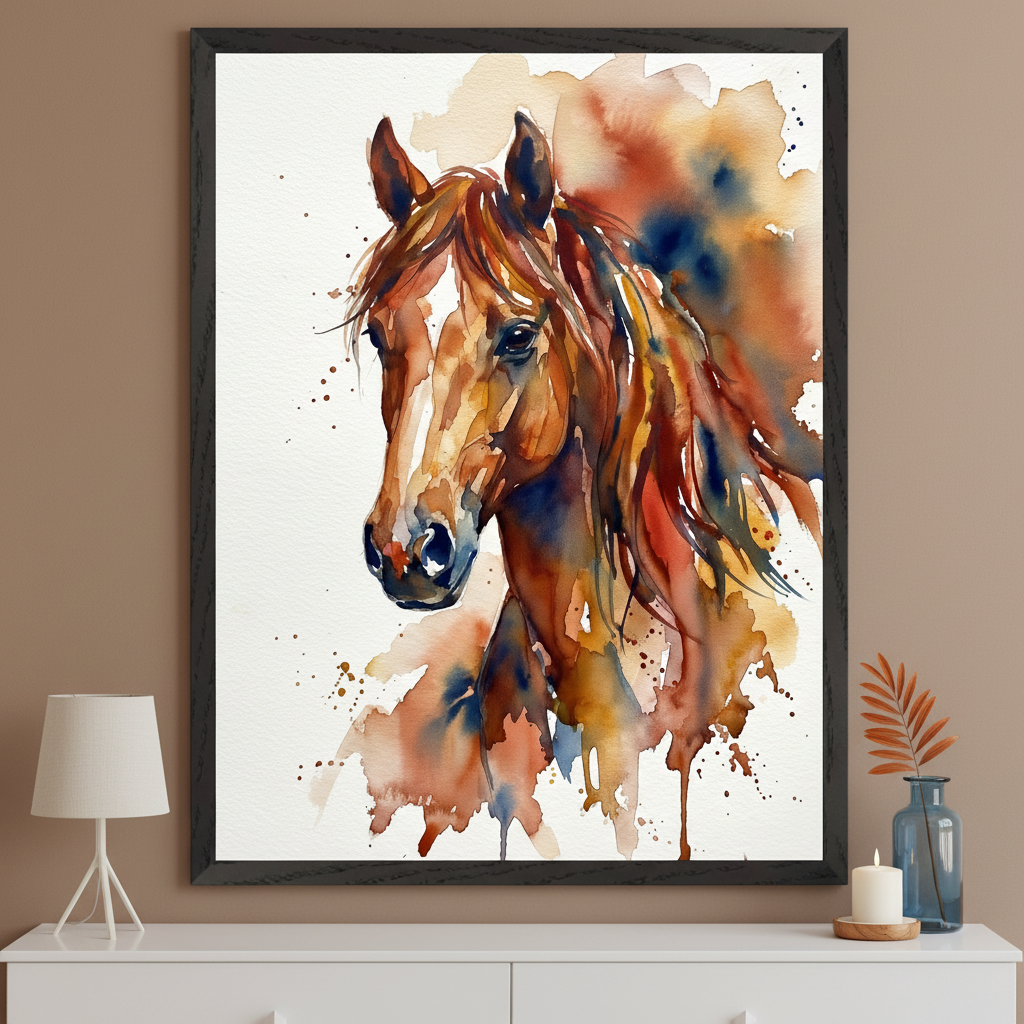 Modern room with a white dresser. A large black-framed watercolor horse portrait, featuring its head and neck in brown, orange, red, and blue hues, hangs centered above the dresser. A white lamp, candle, and vase with foliage are on the dresser.