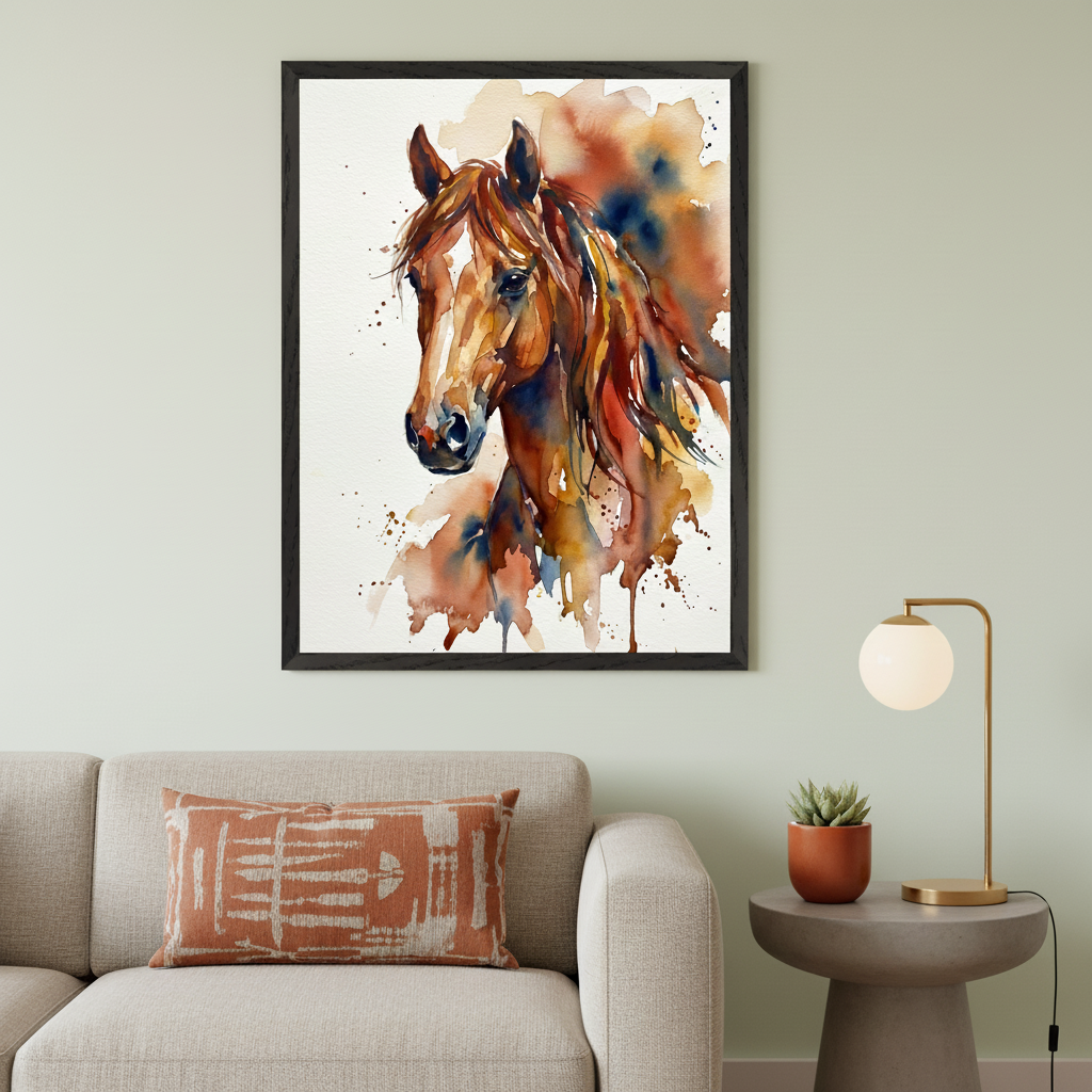 Modern living room with a beige sofa and a gray side table. A large black-framed watercolor painting of a brown horse's head in warm, splattered tones hangs above the sofa.