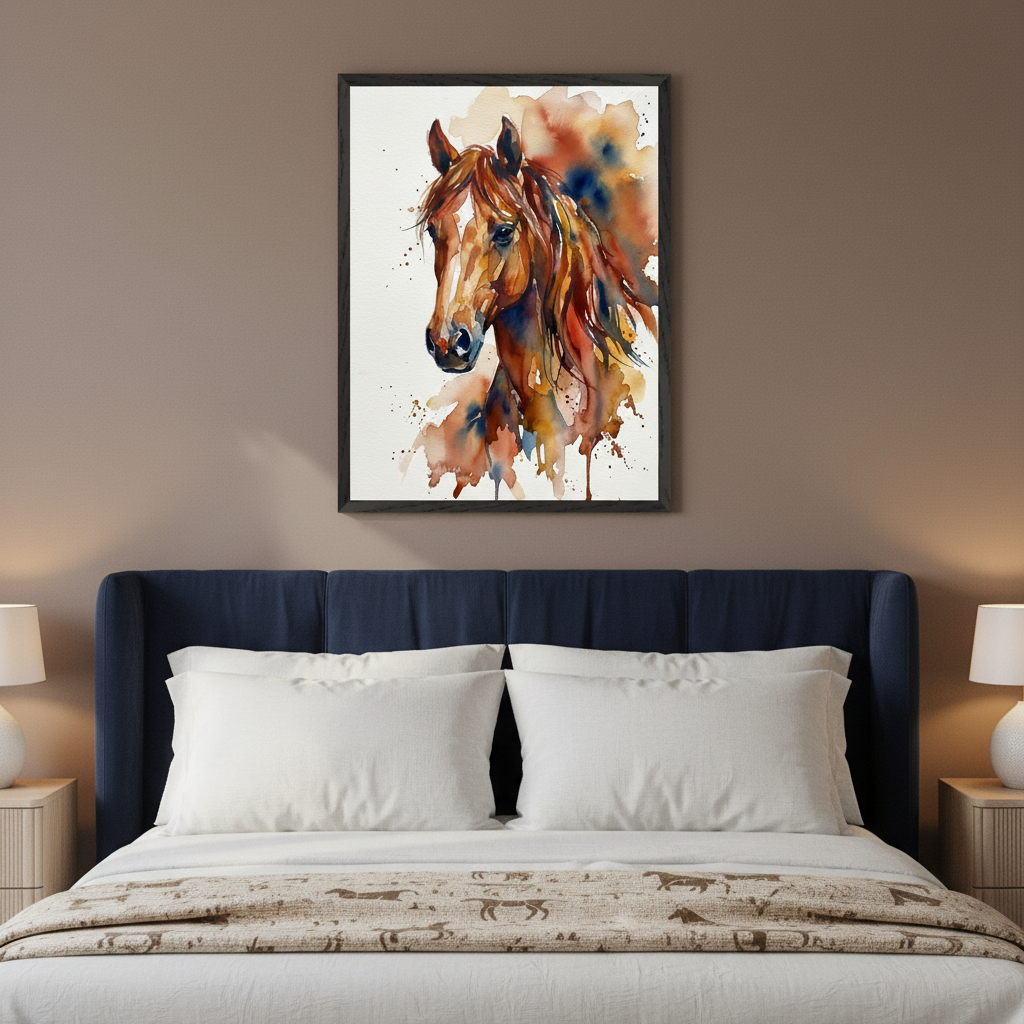 Modern bedroom with a dark blue upholstered bed. A framed watercolor painting of a horse's head in warm brown, orange, and blue tones with splatters hangs centered above the bed.