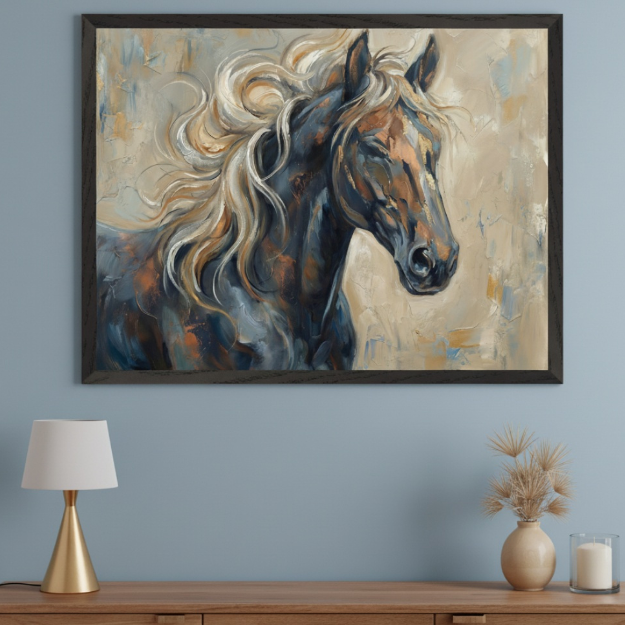 Modern room with a wooden credenza. A large framed abstract painting of a horse with a flowing golden and brown mane hangs centered above the credenza. A gold lamp, a vase with dried grasses, and a candle are on the credenza.