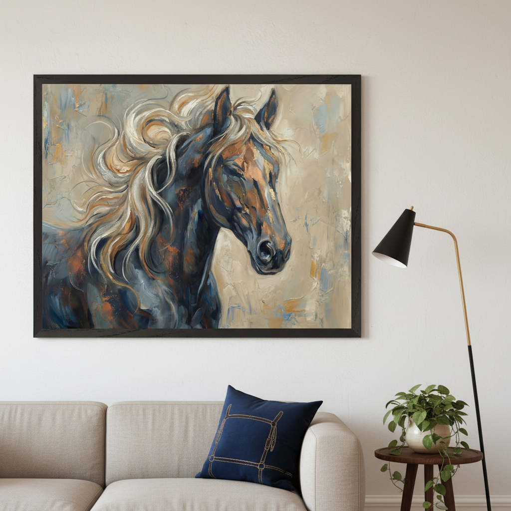 Modern living room with a light beige sofa. A large framed painting of an expressive horse with a flowing light mane in blues, browns, and cream tones hangs above the sofa. A floor lamp and a potted plant on a side table are to the right.