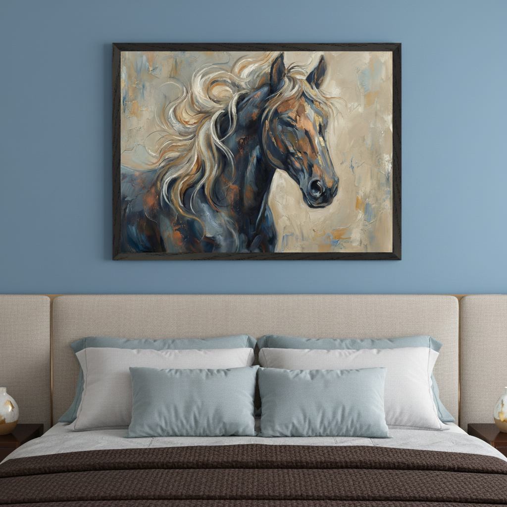 Modern bedroom with a bed and beige upholstered headboard against a blue wall. A framed impasto painting of a horse with a flowing blonde mane and dark blue/brown coat hangs above the bed.