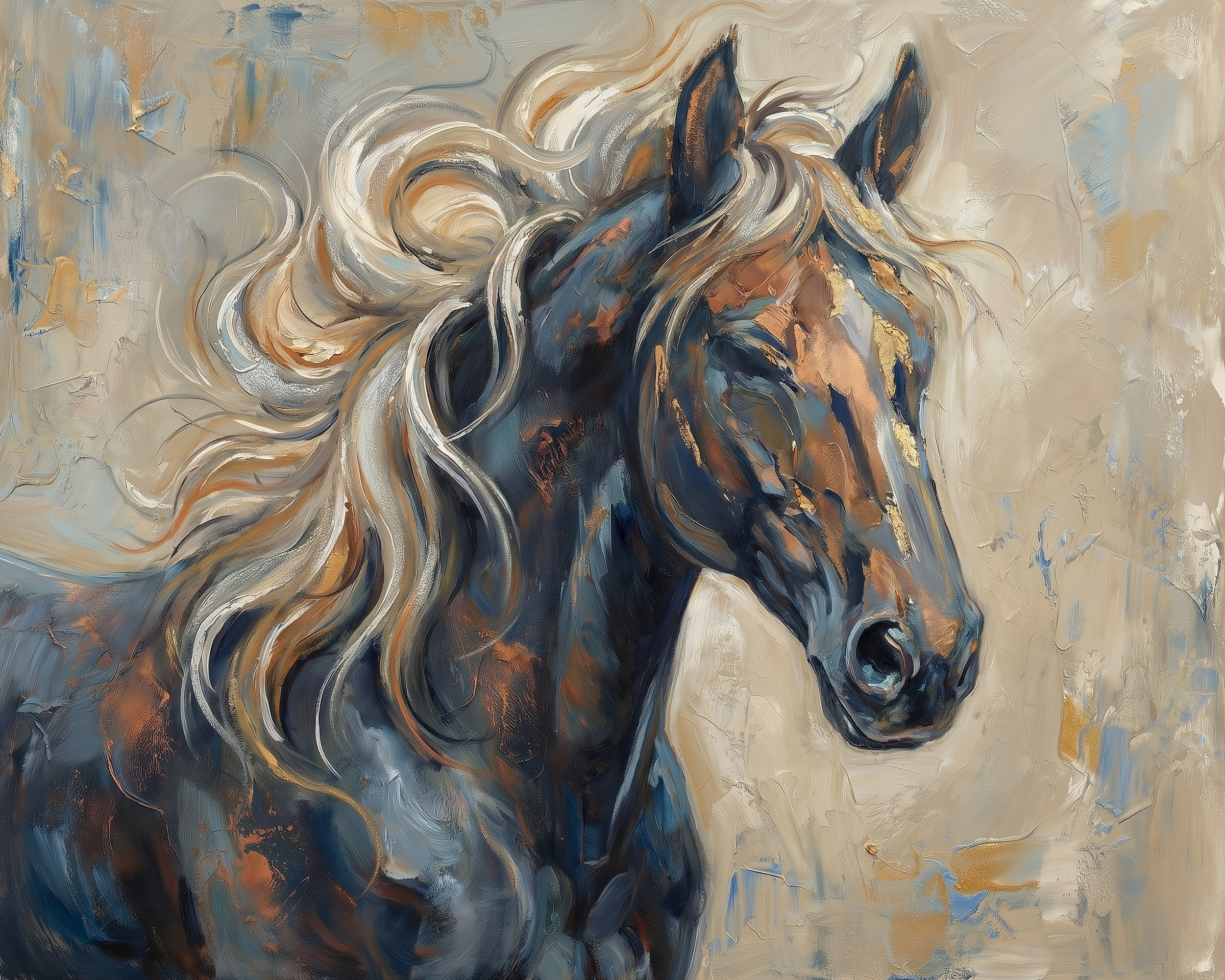 A textured oil painting of a dark brown horse with a flowing white and caramel mane, set against a soft beige background for an elegant equestrian aesthetic.
