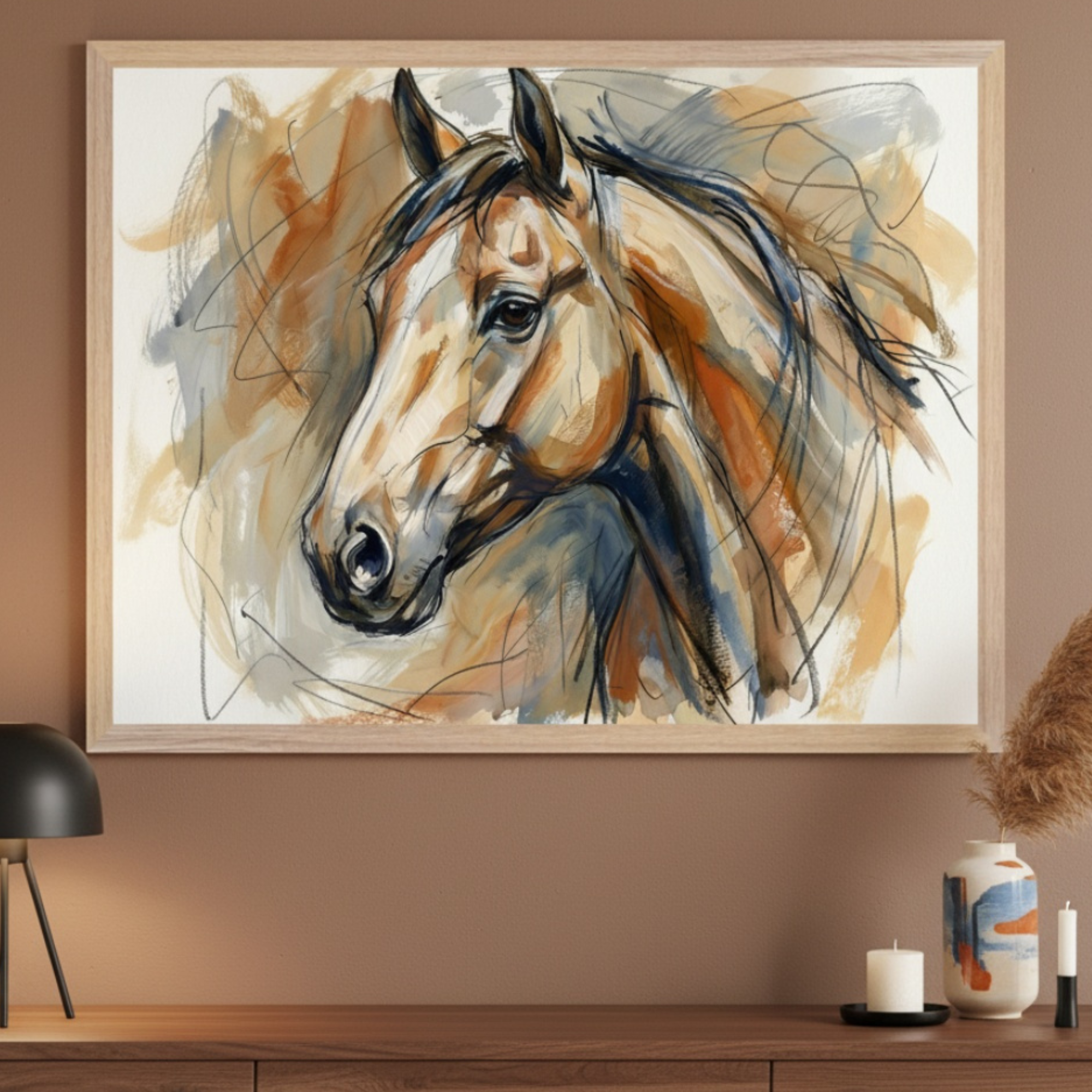 Modern living room with a brown wooden dresser. A large framed painterly artwork of a horse's head with abstract brown, orange, and blue strokes hangs centered above the dresser. A black lamp, candles, and a vase with pampas grass are on the dresser.