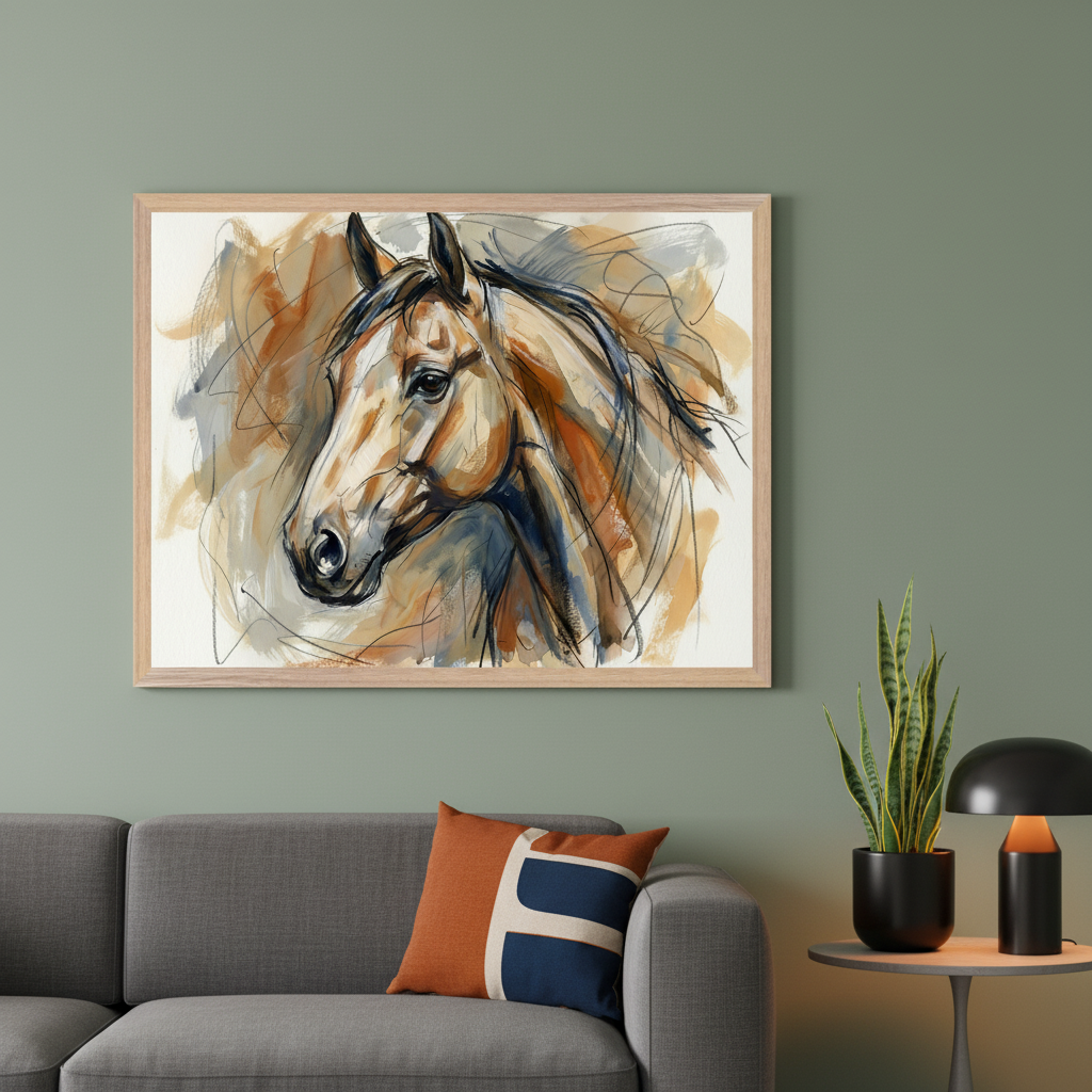 Modern living room with a gray sofa. A large framed abstract horse head painting hangs above the sofa, featuring expressive brushstrokes in earthy browns, oranges, and blues with black lines. A snake plant and black lamp are on a side table right of the sofa.