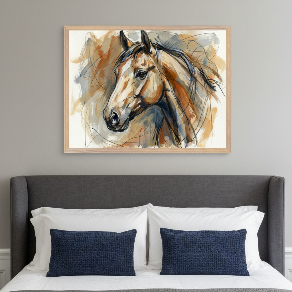 Modern bedroom with a dark gray upholstered bed. A light wood-framed abstract painting of a horse's head in a painterly style with warm brown, orange, blue, and gray tones hangs centered above the bed's headboard.