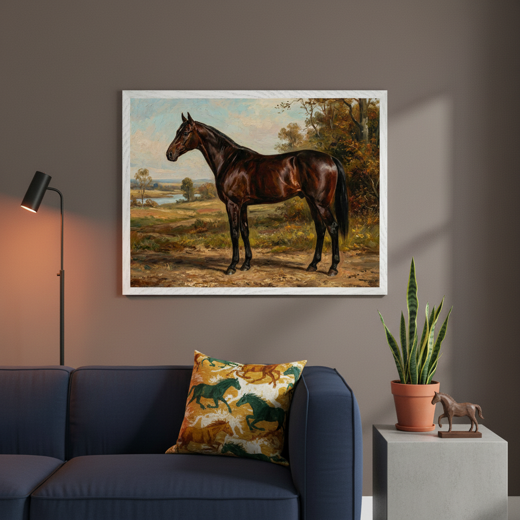 Living room with a navy sofa and concrete side table. A large framed classical oil painting of a dark brown horse standing in a fall landscape hangs above the sofa. A horse-patterned pillow and snake plant are also visible.