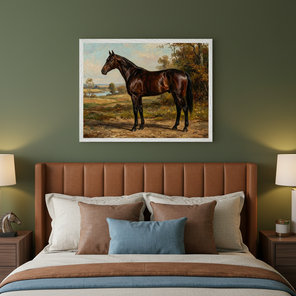 Modern bedroom with a green wall and brown leather bed. A large framed traditional painting of a dark brown horse standing in an autumn landscape hangs centered above the bed.