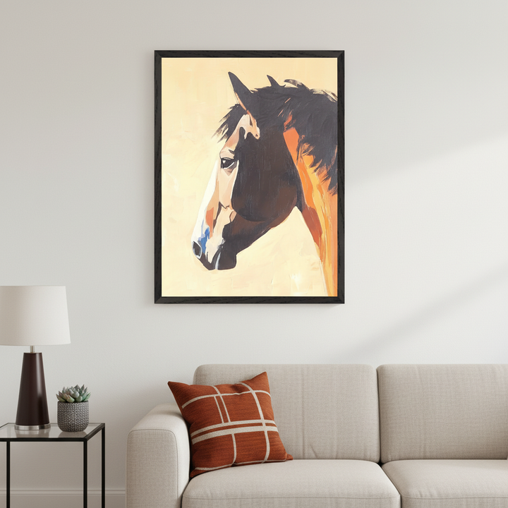 Living room with a beige sofa, end table, and lamp. A framed stylized painting of a horse's head, profile left, with brown, white, and orange tones on a pale yellow background, hangs above the sofa.