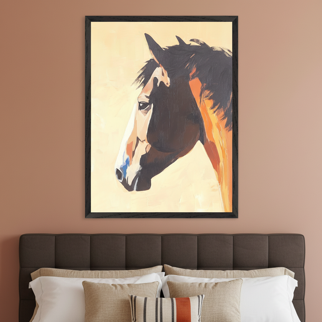 Abstract painting of a horse's head, in dark brown, white, and orange tones, hangs centered above a dark brown upholstered bed in a bedroom. The artwork features visible brushstrokes on a light background.