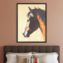 Abstract painting of a horse's head, in dark brown, white, and orange tones, hangs centered above a dark brown upholstered bed in a bedroom. The artwork features visible brushstrokes on a light background.