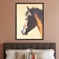 Abstract painting of a horse's head, in dark brown, white, and orange tones, hangs centered above a dark brown upholstered bed in a bedroom. The artwork features visible brushstrokes on a light background.