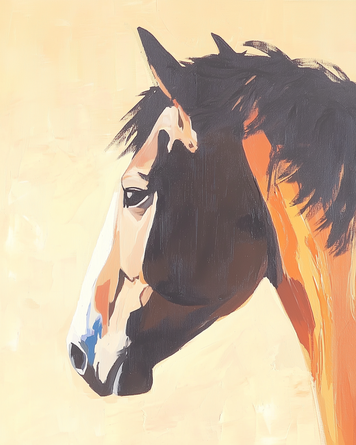 A painting depicts the profile of a horse with a brown and white face, featuring a prominent black mane against a light beige background.
