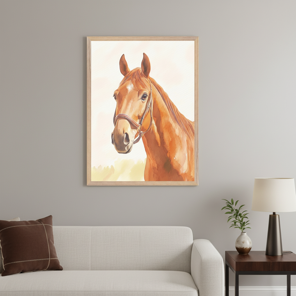 Modern living room with a light sofa and side table. A framed watercolor portrait of a brown horse with a bridle hangs on the gray wall above the sofa.