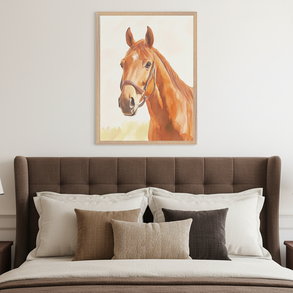 Bedroom with a brown upholstered headboard bed. A framed watercolor painting of a brown horse's head wearing a bridle hangs centered above the bed.