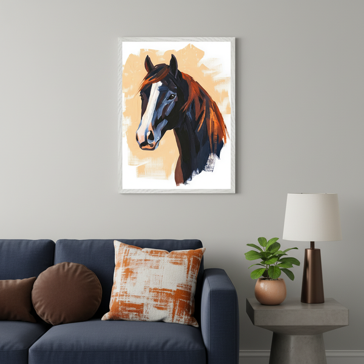 Living room with a dark blue sofa, a gray side table, and a potted plant. A framed painting of a dark horse's head with a white blaze and reddish-brown mane against a brushstroke orange background hangs above the sofa.