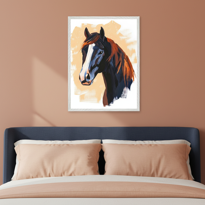 Modern bedroom with a dark blue bed and peach bedding. A white-framed, abstract painting of a horse's head with a dark coat, white blaze, and reddish-brown mane, on a peach background, hangs centered above the bed.