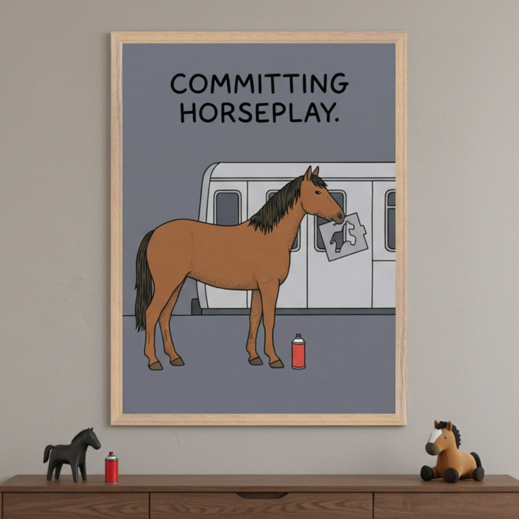 Modern room with a dark wooden dresser. A framed cartoon print hangs above, showing a horse doing graffiti on a subway car. Text: "COMMITTING HORSEPLAY." Small horse figurines and a red spray can sit on the dresser.