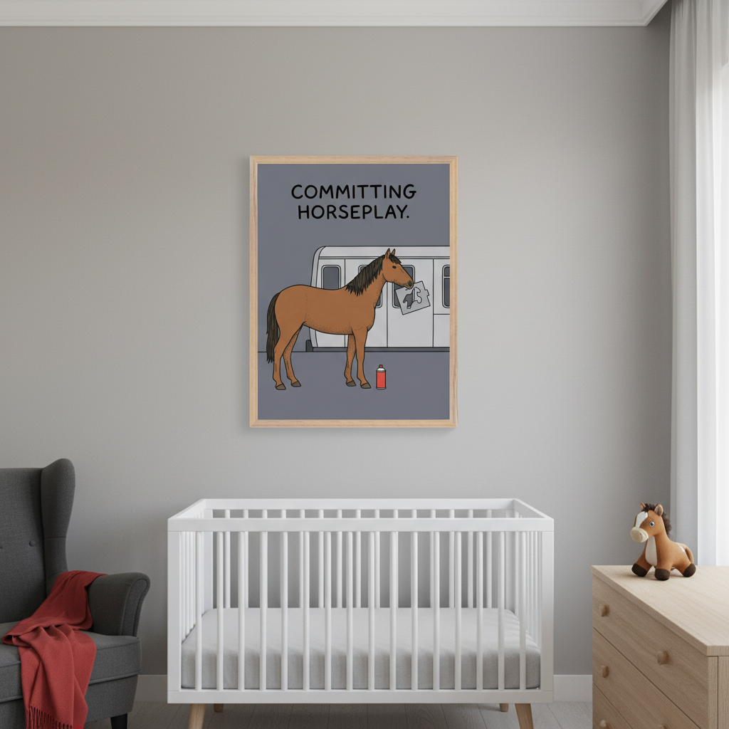 Modern nursery with a white crib, gray armchair, and wood dresser with a plush horse. A framed cartoon print of a horse spray-painting a subway car with "COMMITTING HORSEPLAY" hangs on the gray wall above the crib.