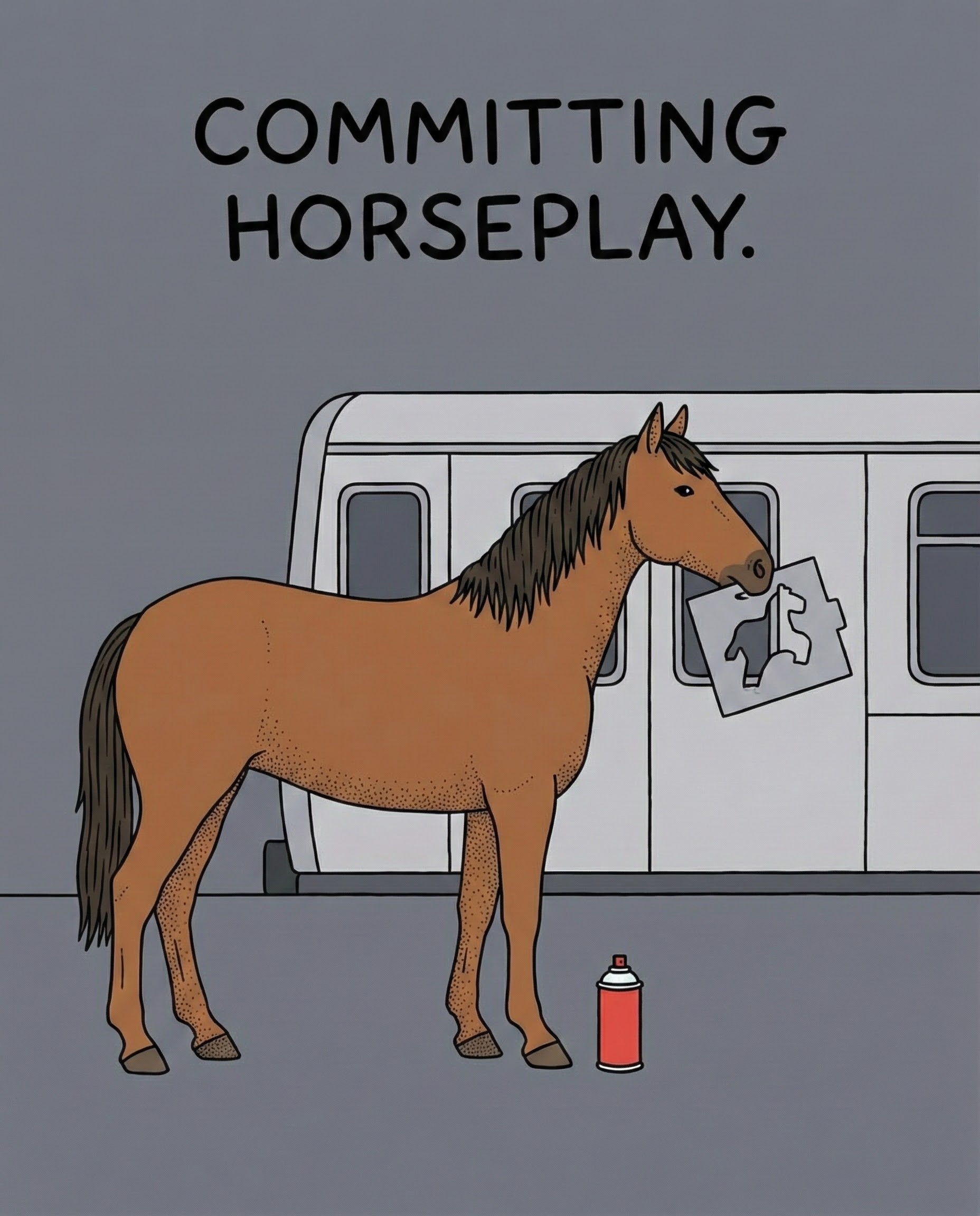 A humorous cartoon of a brown horse standing beside a subway train holding a stencil of a horse silhouette in its mouth, with a red spray paint can on the ground. The text “Committing horseplay” appears above, adding a witty twist.
