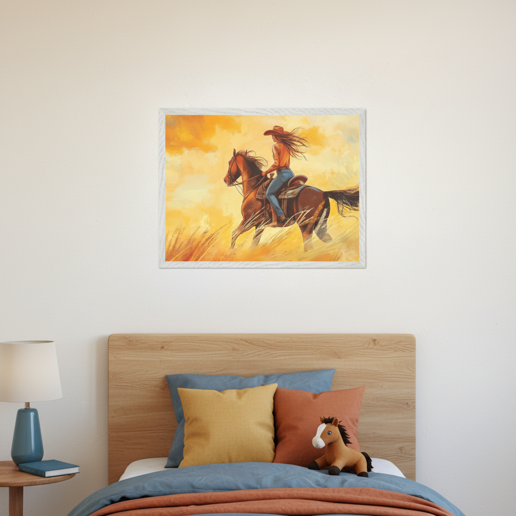 Modern bedroom with a wooden headboard bed. A blue lamp and book sit on a side table to the left. Centered above the bed is a framed illustrative painting of a woman in a cowboy hat riding a horse through golden tall grass.