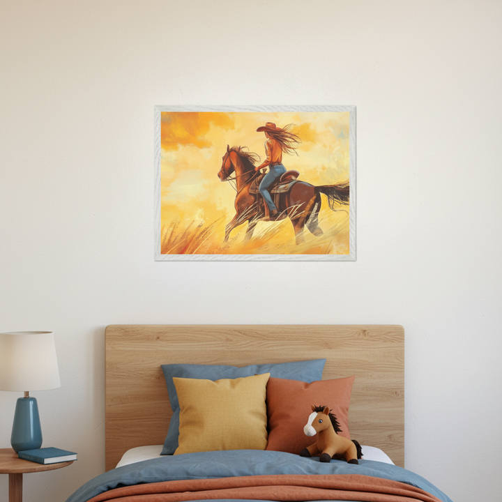 Modern bedroom with a wooden headboard bed. A blue lamp and book sit on a side table to the left. Centered above the bed is a framed illustrative painting of a woman in a cowboy hat riding a horse through golden tall grass.