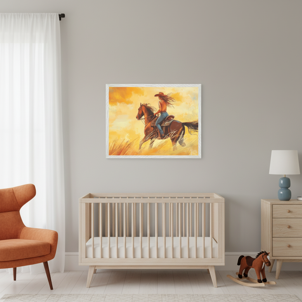 Modern nursery with a light wood crib, an orange armchair, and a dresser with a blue lamp. A brown rocking horse is on the floor. A framed painting of a cowgirl riding a brown horse through golden fields under a sunny sky hangs above the crib.
