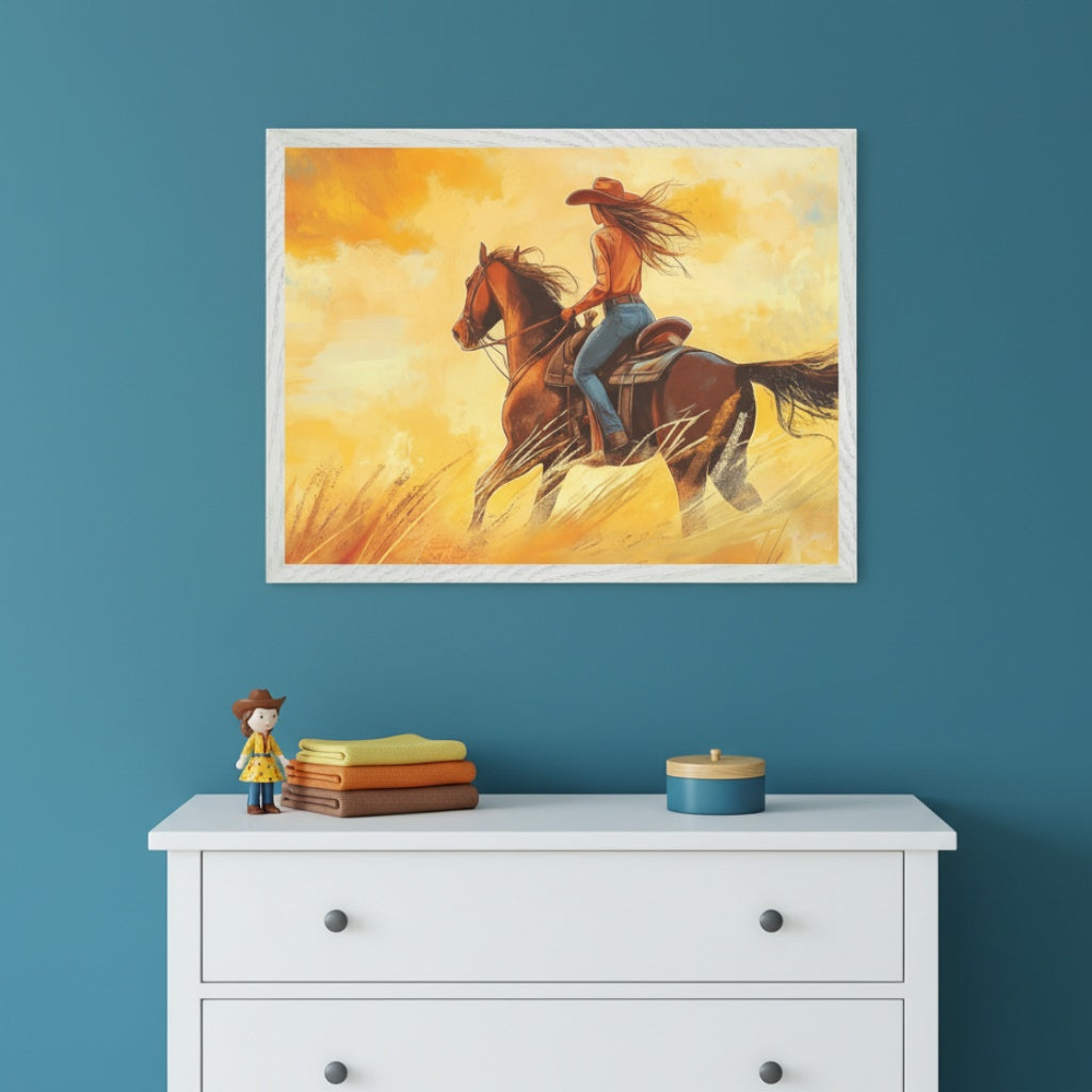 A framed painting of a cowgirl riding a horse through a golden field hangs on a teal wall above a white dresser. The dresser holds a small cowboy figurine, a stack of folded clothes, and a round container.