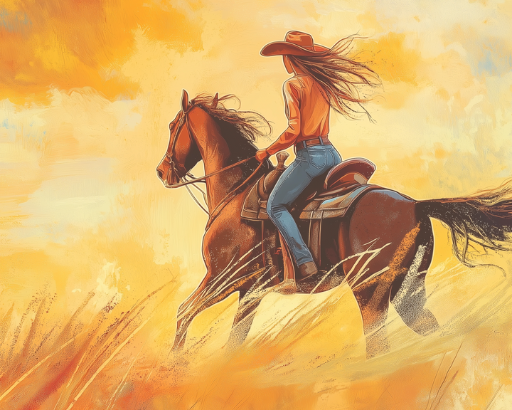 A woman in a cowboy hat rides a horse through a field, her long hair flowing in the breeze. She wears a bright orange shirt and jeans, and the scene is bathed in warm, golden hues, creating a dynamic and vibrant atmosphere.