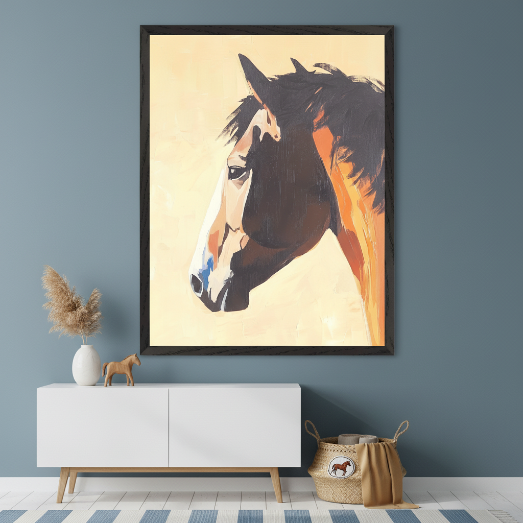 Modern room with a white console table, topped with a vase and wooden horse. A large framed expressive painting of a horse's head, dark brown with a white blaze, facing left, hangs centered above. A woven basket sits on a striped rug.
