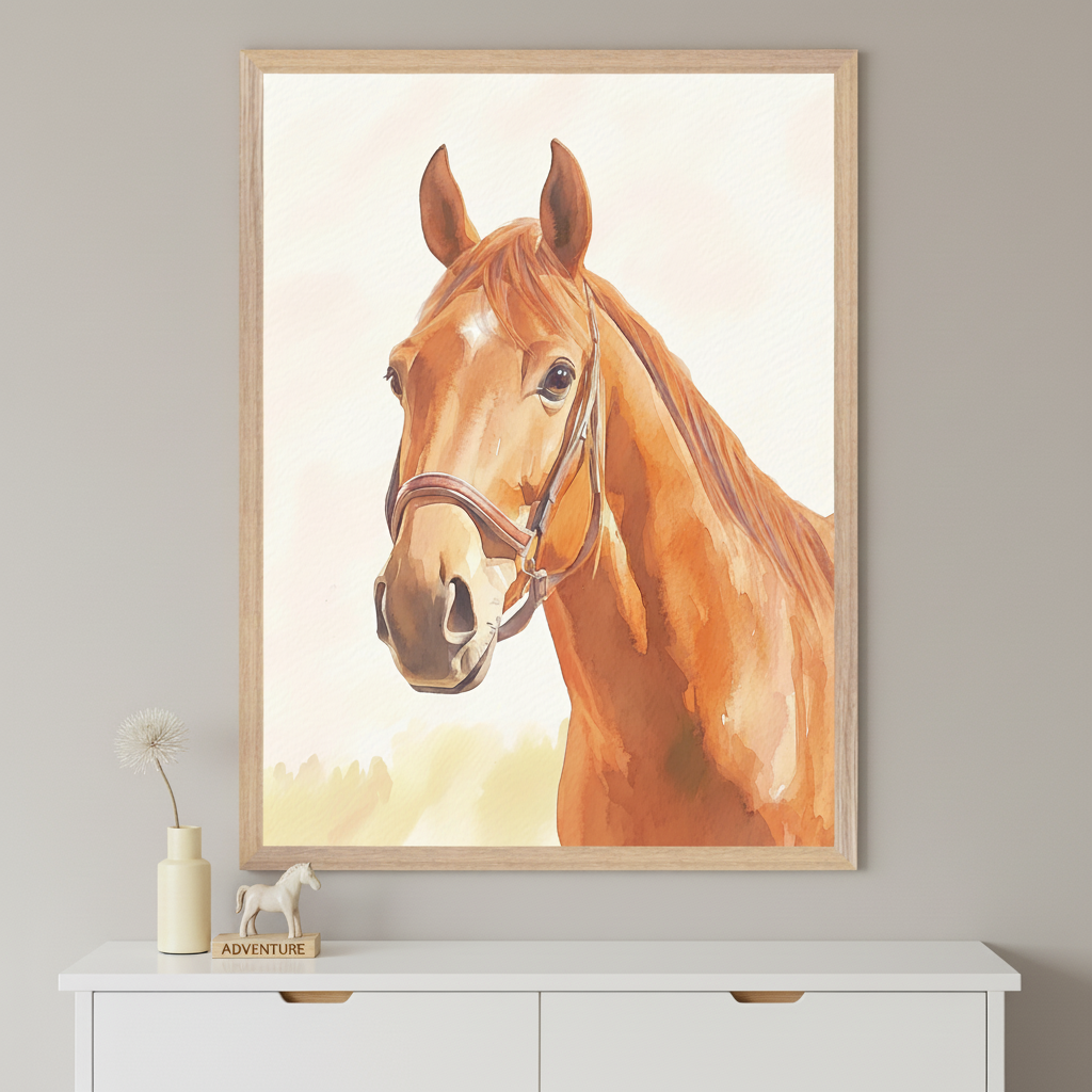 Modern room with a white dresser. A large framed watercolor painting of a brown horse with a bridle hangs centered above the dresser.