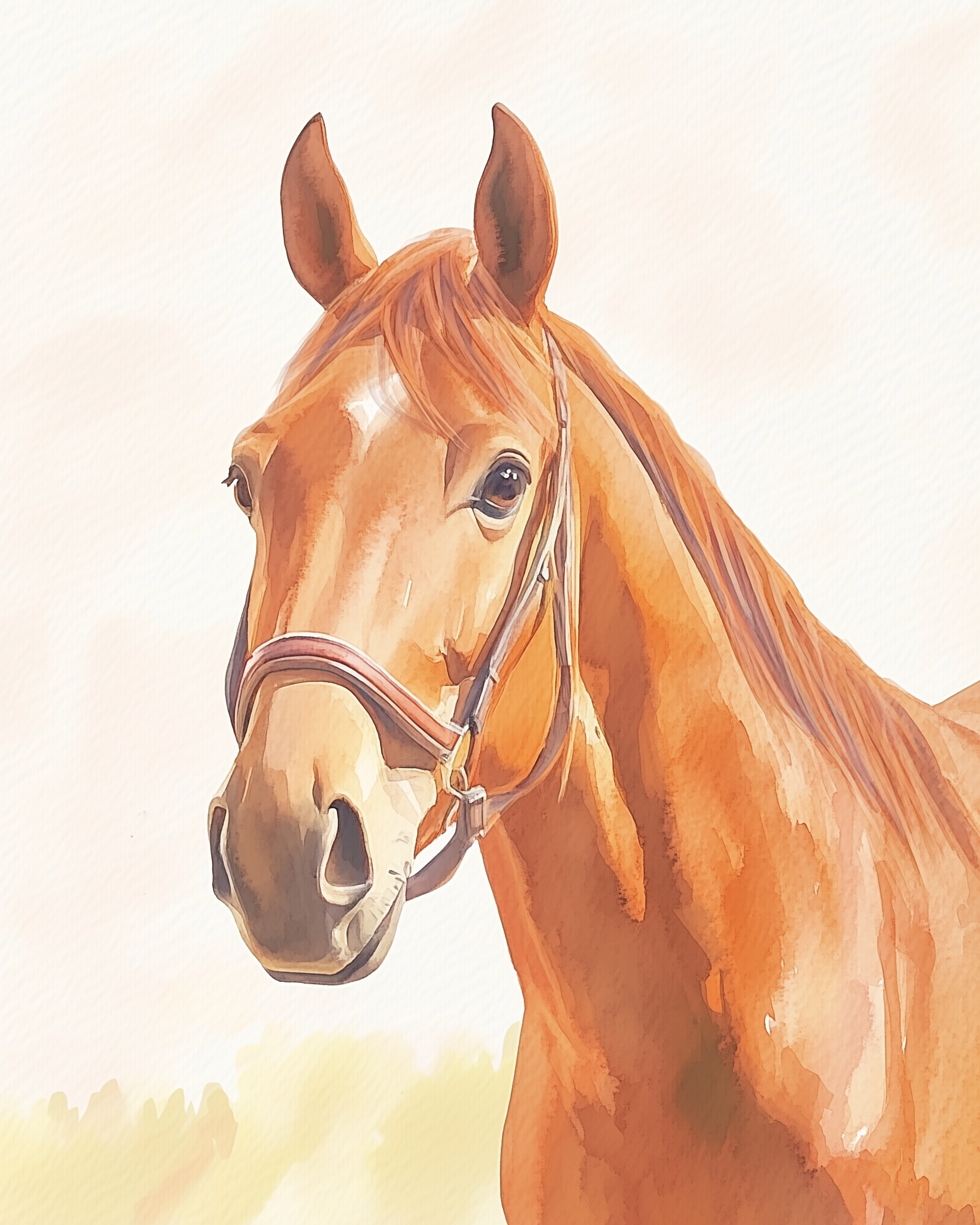 A watercolor painting of a chestnut horse with a gentle expression, wearing a bridle. The horse's mane is softly flowing, and its ears are perked up against a light, blurred background.