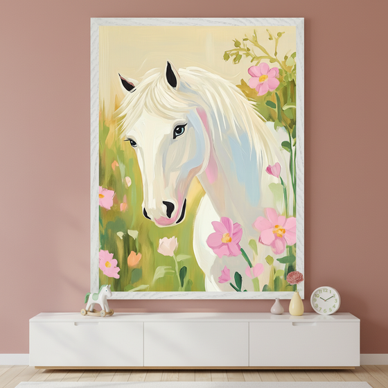 Modern child's room with a long white dresser. A large framed painting of a white horse with blue eyes amidst pink flowers, in a painterly style, hangs centered above the dresser. A small rocking horse, two vases, and a clock are on the dresser.