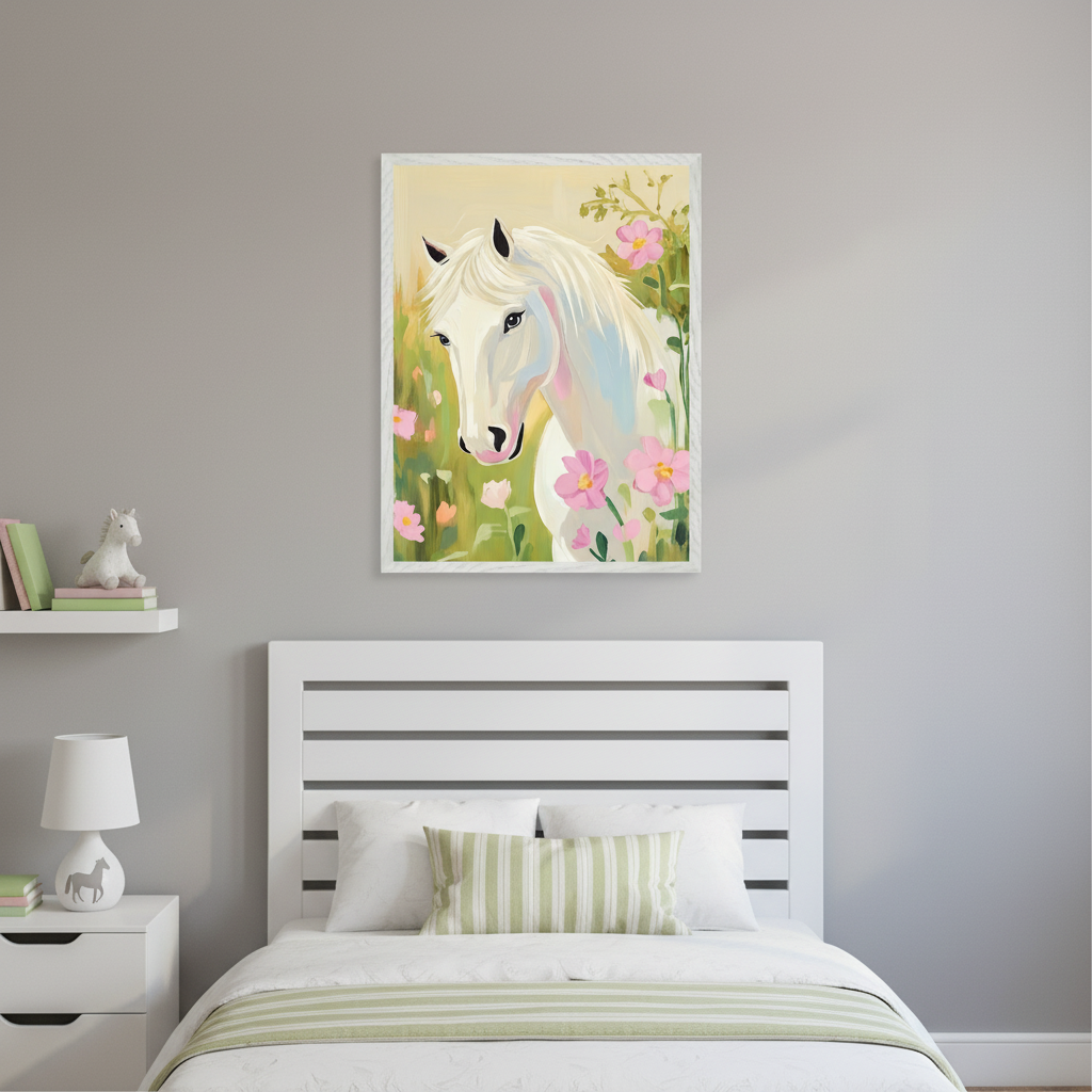 Modern kid's bedroom with a white slatted bed, nightstand, and floating shelf. A framed pastel painterly print of a white horse among pink flowers hangs above the bed.
