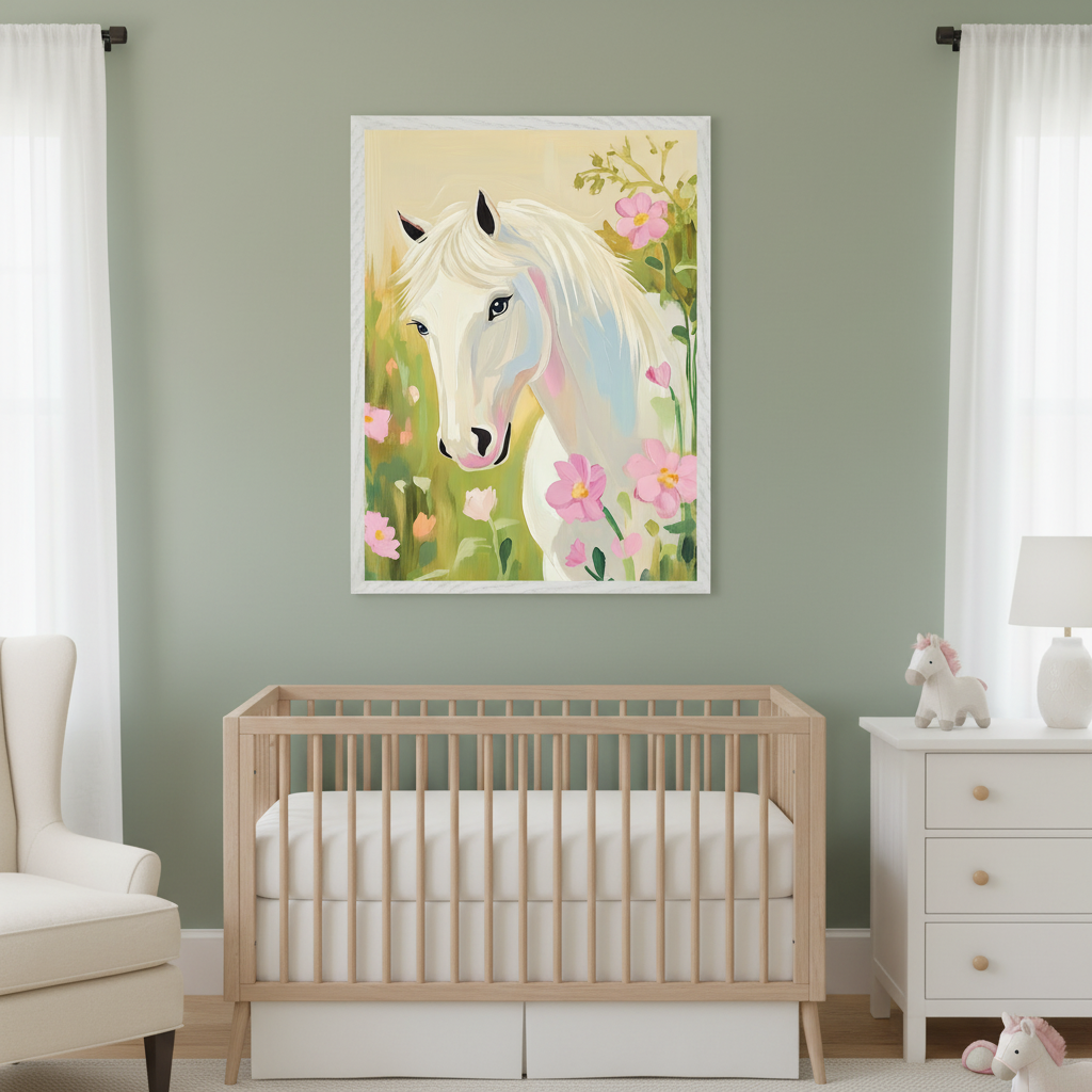 Modern nursery with sage green walls. A large framed painterly print of a white horse among pink flowers hangs centered above a light wood crib. A white armchair is on the left, and a white dresser with a lamp and unicorn plush is on the right.