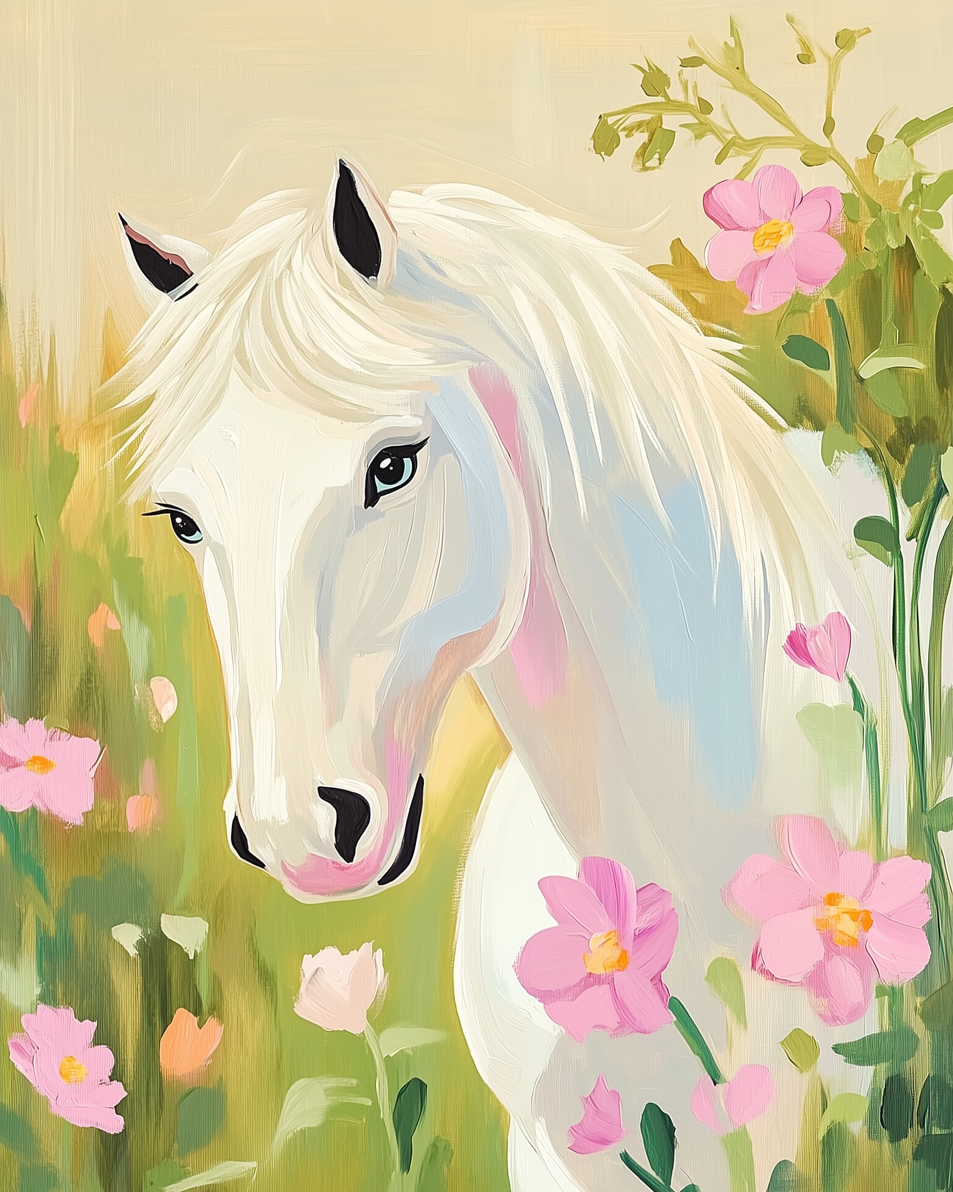 A white horse with a flowing mane stands gracefully among vibrant pink flowers in a lush, green field.