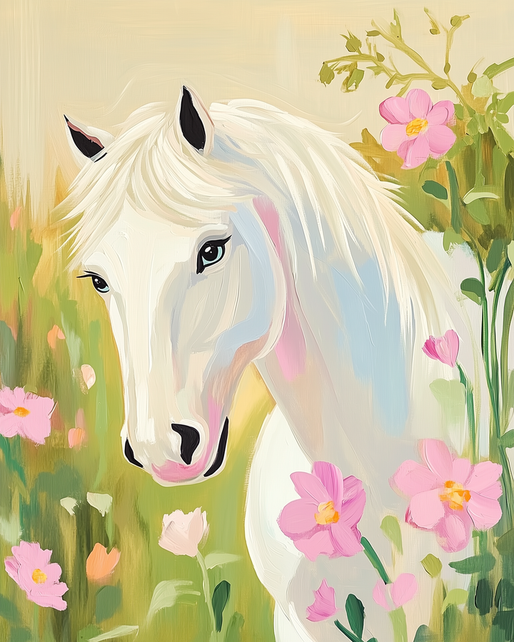 A white horse with a flowing mane stands gracefully among vibrant pink flowers in a lush, green field.