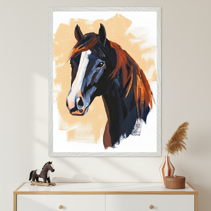 Modern room with a white dresser. A large framed abstract painting of a black horse head with a white blaze, orange mane, and textured orange background hangs above it. A small rocking horse and a vase with pampas grass are on the dresser.