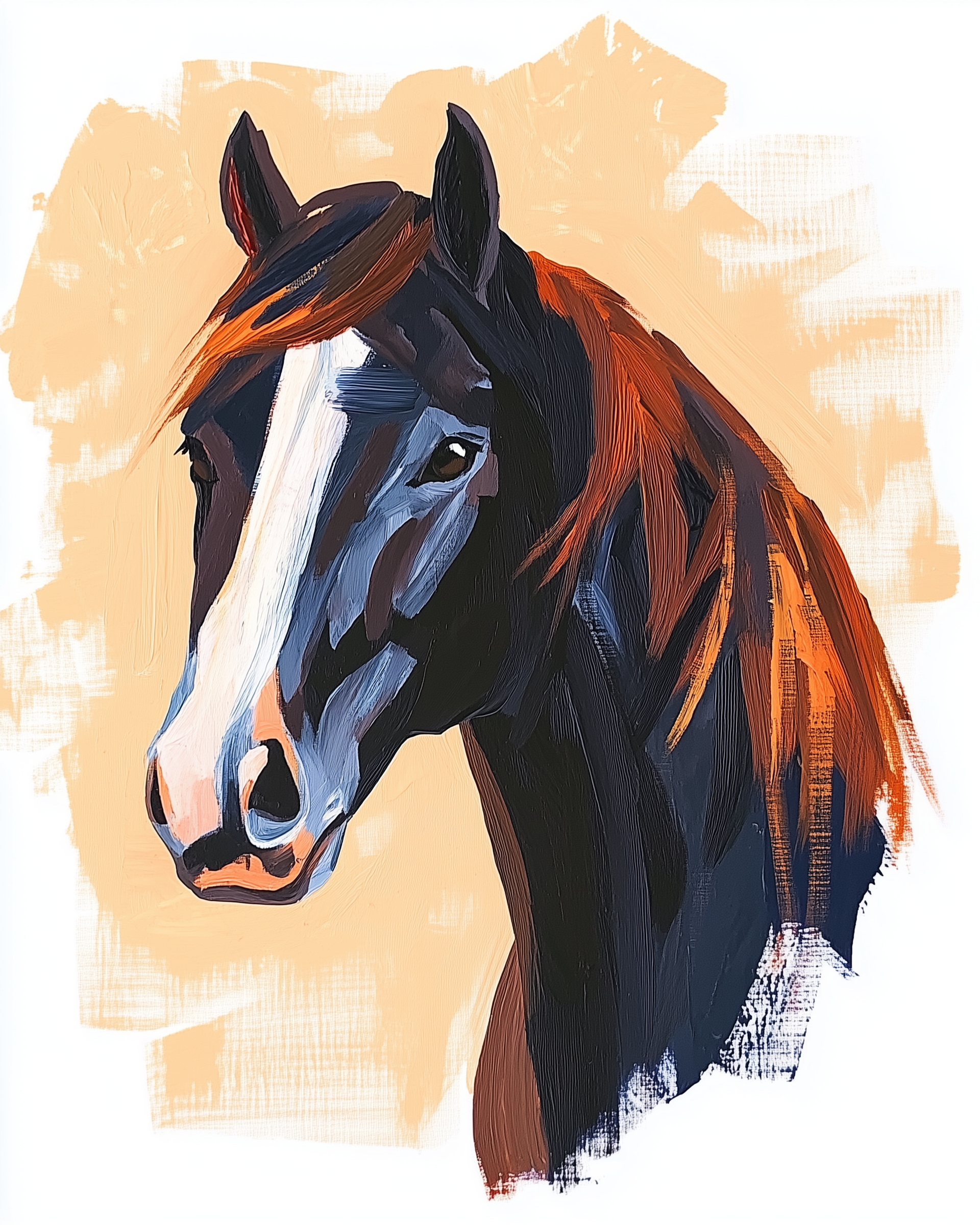 A vibrant painting of a horse with a striking white blaze on its face, set against a textured, warm beige background. The horse's mane is a rich blend of dark and fiery orange hues, adding dynamic contrast to its dark coat.
