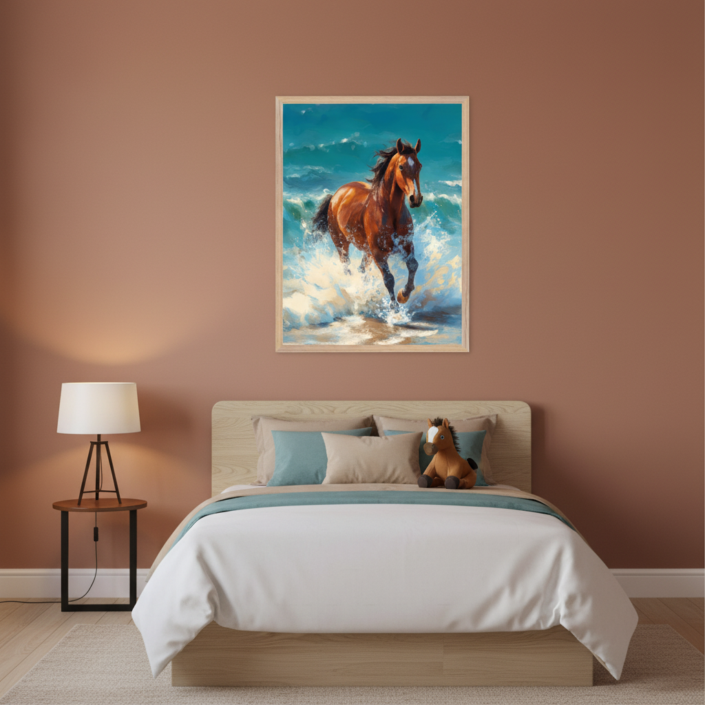 Modern bedroom with a wooden bed, white bedding, and a side table with a lamp. A stuffed horse toy is on the bed. A large framed painting of a brown horse running through crashing ocean waves hangs centered above the bed.