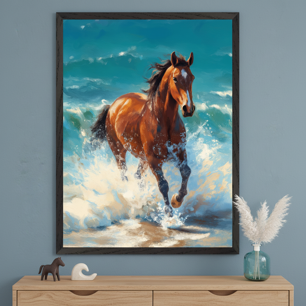 A vivid artwork of a powerful brown horse galloping through ocean waves, with splashes of water rising around its legs against a bright teal sea. The artwork adds a sense of freedom and energy above a dresser with coastal and equine-themed decor.