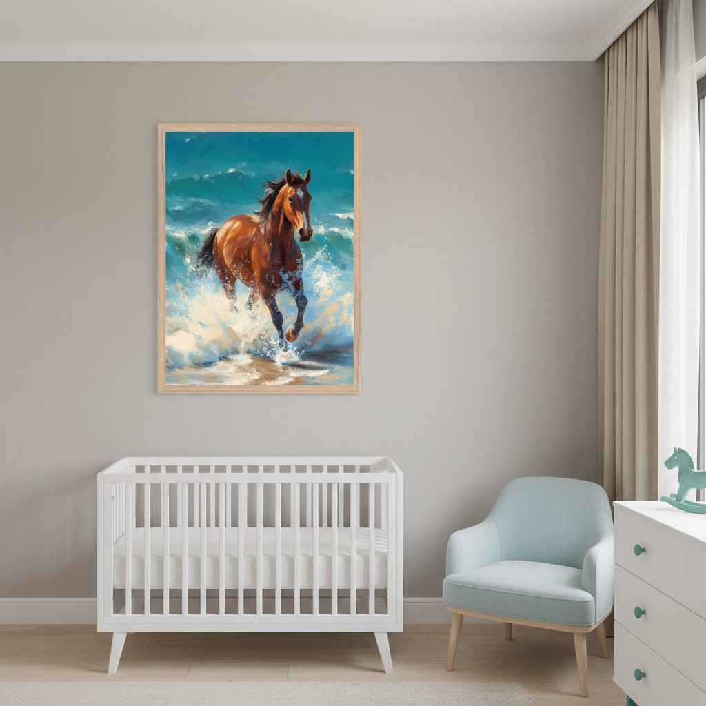 Modern nursery with a white crib, light blue armchair, and white dresser. A framed painting of a brown horse running through ocean waves hangs centered above the crib.