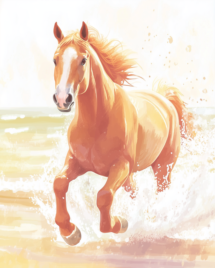 A vibrant painting of a chestnut horse galloping through shallow water, with its mane and tail flowing in the wind, creating splashes around its hooves.