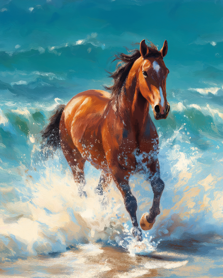 A majestic brown horse gallops through the surf, splashing water around its powerful legs, with the vibrant blue ocean waves crashing behind it.