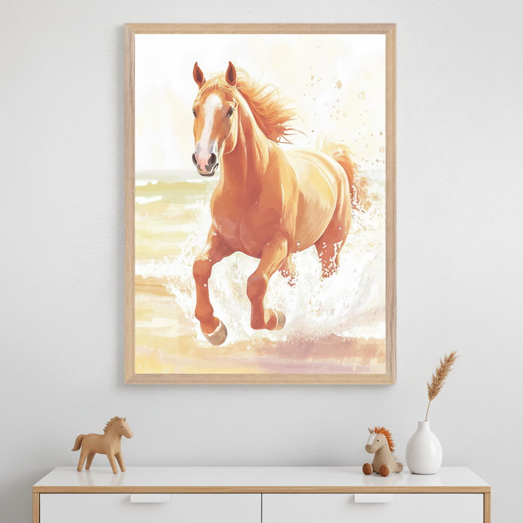 Framed artwork of a chestnut horse running through shallow water, with splashes rising around its legs. The painting is propped against a bed in a cozy, neutral-toned room decorated with soft textures and a wooden stacking toy.