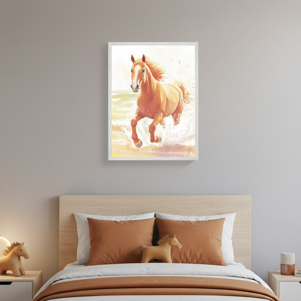 Kid's bedroom with a light wood bed, brown pillows, and horse toys. A white framed watercolor painting of a light brown horse with a flowing mane running through splashing water hangs centered above the bed.